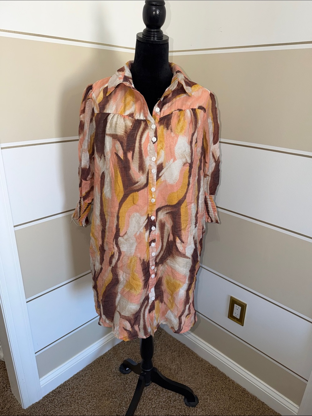 APRICOT Pink, Brown and Cream Abstract Button-Front Swim Cover-Up